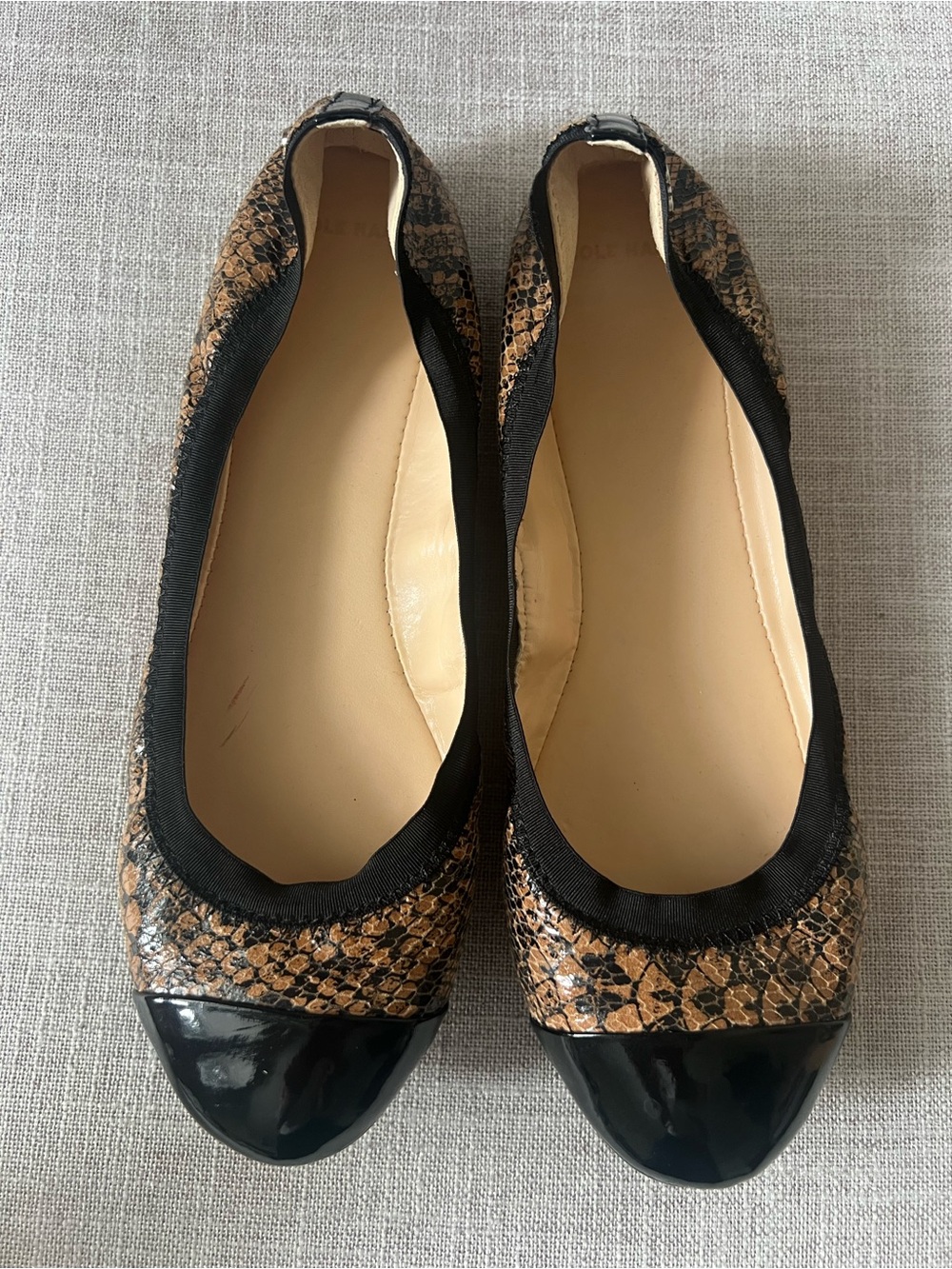 Cole Haan Brown Snake-Print Ballet Flats, size 8.5, office casual dressy fall